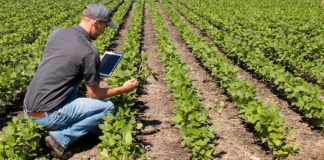 man, field, tablet, grow, plants, jeans